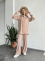 Стильный летний женский свободный костюм-двойка ткань жатки рубашка с длинным рукавом  широкие штаны моко, 42/44