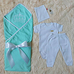 Плед Queen з вишивкою + комплект Ніжність для новонароджених, ментоловий + білий