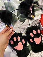 Рукавички-мітенки котячі лапки без пальців і обруч на голову з вушками , жіночий набір з вушками кота аніме код 28