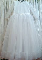 Блестящее белое нарядное детское платье к первому причастию с длинным рукавом-фонариком на 12-14 лет