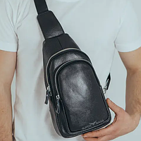 Черная мужская сумка-слинг из зернистой натуральной кожи через плечо 23242 Vintage