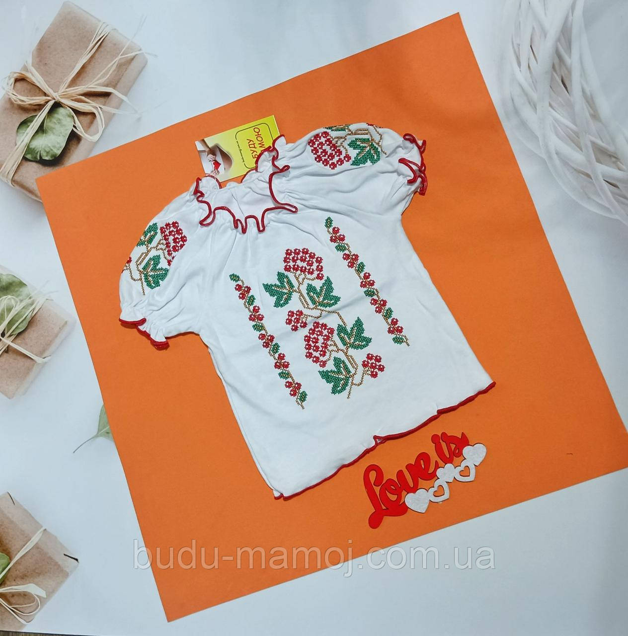 Вишиванка белая з коротким рукавом 1-2 роки 86-92 розмір, фото 1