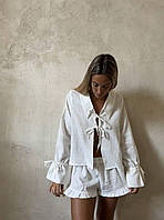 Женский летний легкий свободный белый костюм двойка рубашка и шорты лен размер 42-44 46-48