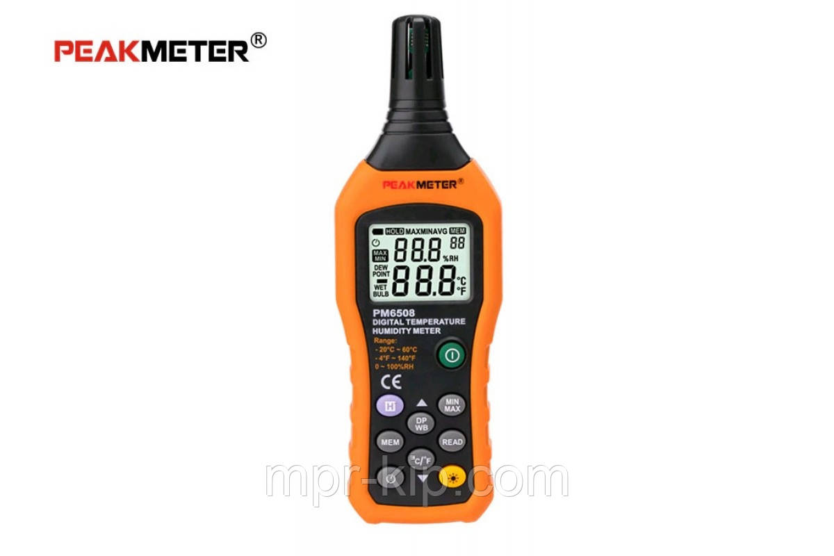 Термогігрометр PeakMeter PM6508 (0 - 100%; від -20°C до + 60°C), точка роси DEW, WB, пам'ять 99 вимірювань