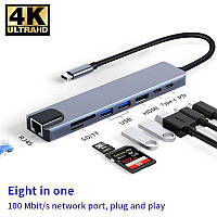 Адаптер Type-C - HDMI + RJ45 + USB хаб + кардрідер 8 in 1 USB C HUB(4K HDMI)