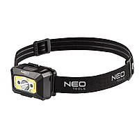 Ліхтар налобний акумуляторний Neo Tools, 1200мА год, 250лм, 3Вт, 5 функцій освітлення, червоне світло, датчик