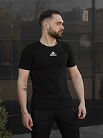 Летняя черная футболка Adidas спортивная мужская , Повседневная черная футболка Адидас хлопок (Лого центр)