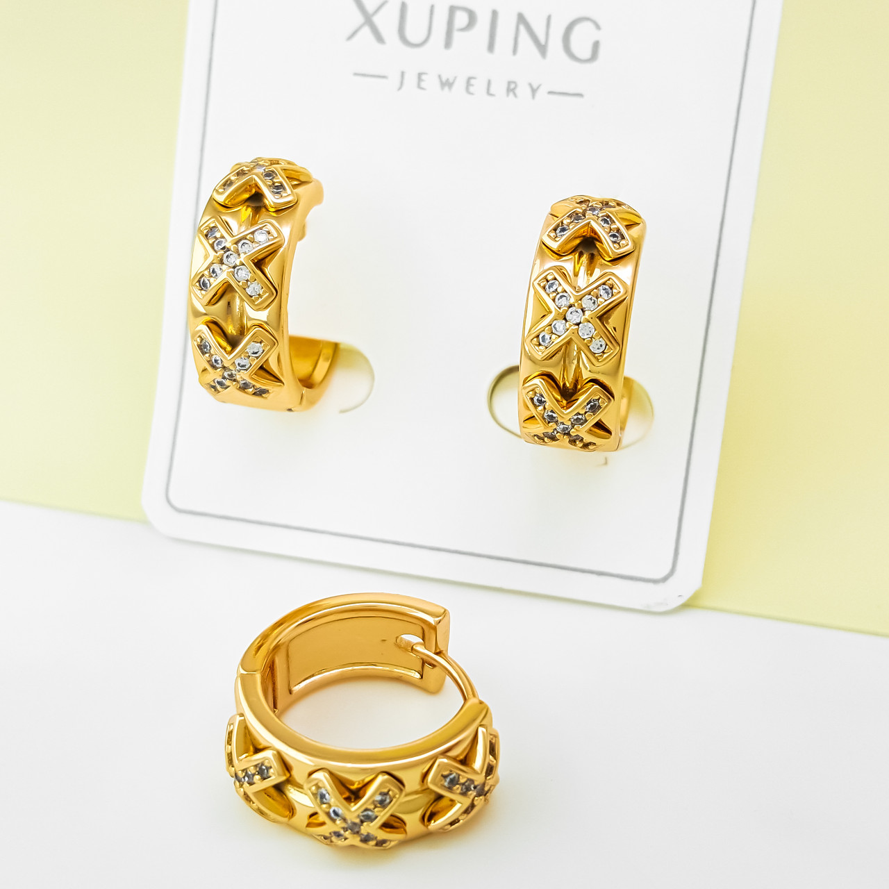 Сережки "Доріжка" з плетіннями та камінням, медичне золото Xuping 18К