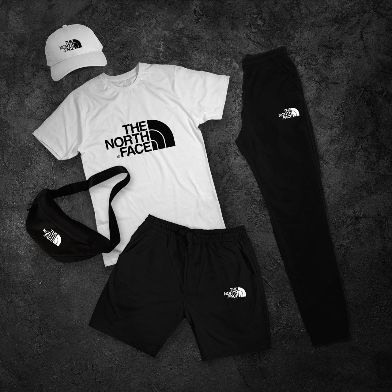 Літній костюм чоловічий The North Face шорти футболка брюки бейсболка бананка комплект норт фейс білий-чорний, фото 1