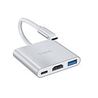 Кабель-перехiдник HOCO HB14 Easy use Type-C adapter(Type-C to USB3.0+HDMI+PD) Silver