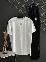 Мужской летний комплект с Гербом черные штаны белая футболка Герб Трезубец