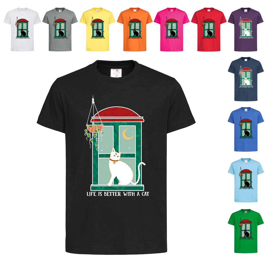 Чорна дитяча футболка Life is better with a cat (29-6-25)