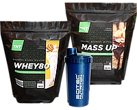 Двойная Энергия: Набор Протеин Whey 80 ваниль 2 кг и Гейнер Mass Up карамель 2,5 кг от TNT Nutrition + Шейкер