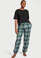 Піжама (футболка + штани) жіноча бавовняна Victoria's Secret XS Чорна/Зелена