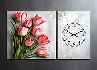 Картина-Годинник з Тюльпанами Ніжні Квіти Декор на Стіну з 2 частин Рожеві Тюльпани на Світлому Фоні з Годинником