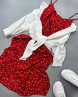 Стильний комплект (сорочка спереду зав'язується як пояс + плаття на бретелях) білий + червоний