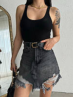 Короткая женская джинсовая юбка с порезами графитовая (40, 42, 44, 46 размеры)