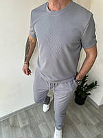 Мужской трендовый красивый базовый однотонный удобный летний костюм футболка и штаны (черный, серый) Серый, 50/52