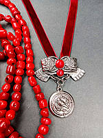 Дукач - этно украшение с монетой из серебра 925 пробы и натуральным красным кораллом