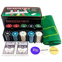 Набір для покеру: карти, 200 фішок, сукно в метал коробці, покерний tn