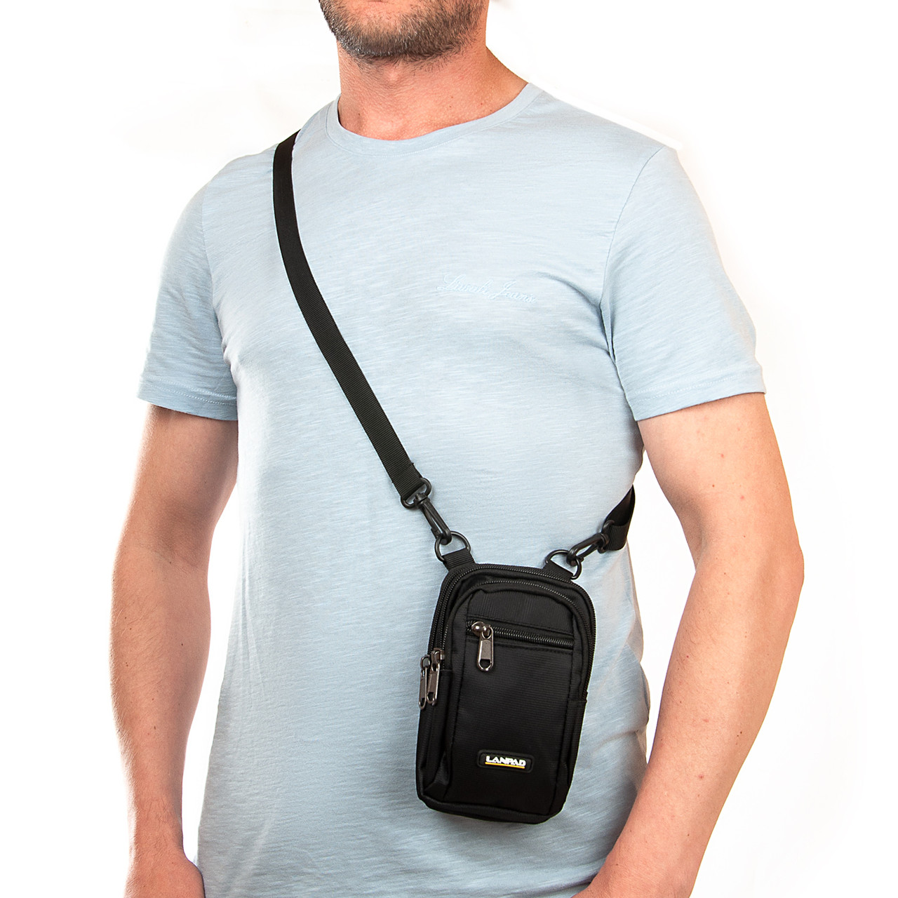 Сумка маленька чоловіча слінг crossbody кросс боді через плече чорна нейлон тканинна три змійки блискавки відділи Lanpad 6195