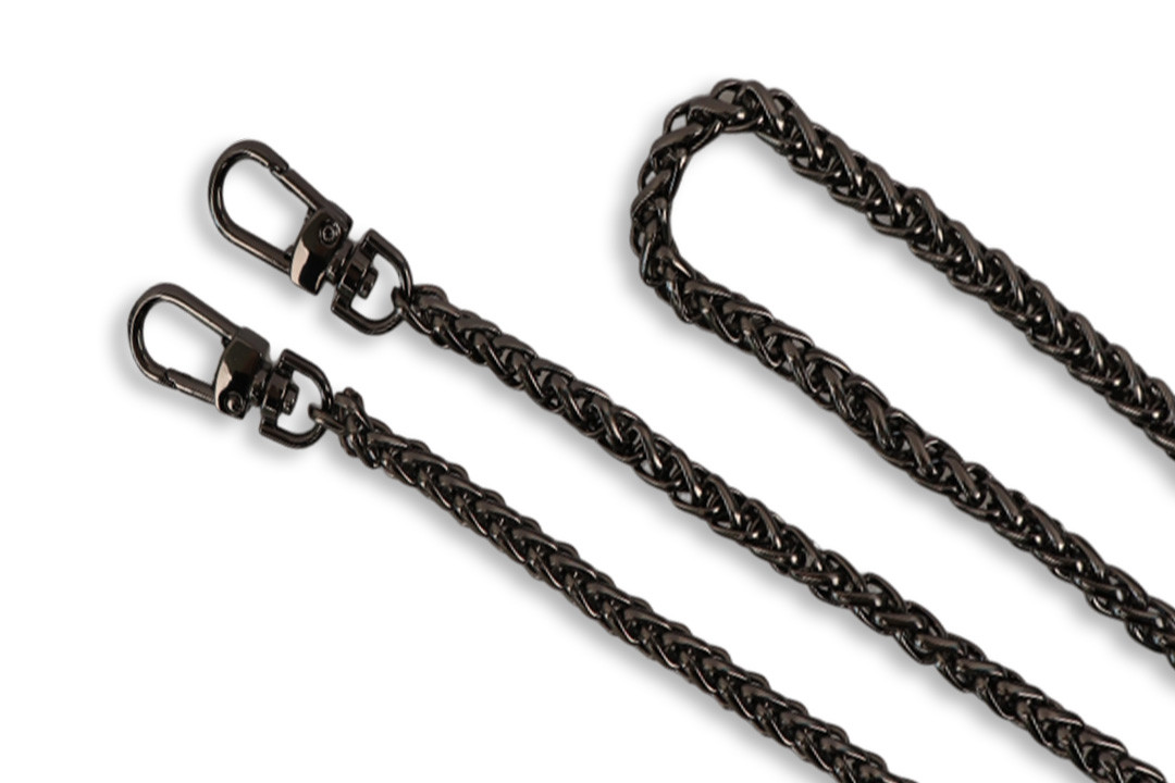 Ручка-ланцюжок для сумки метал кругла об'ємна 120*0.7 см, карабін поворотний, темний нікель, фото 1