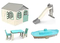 МЕГА НАБОР Средний домик со шторками, большая пластиковая горка, столик со стульчиками и песочница ТМ Doloni