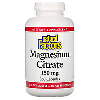 Natural Factors, Цитрат магния, 150 мг, 360 капсул,диет.доб.