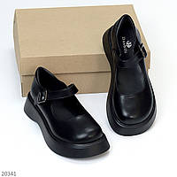 Модельные черные туфли на шлейке низкий ход круглый носок современный дизайн 41
