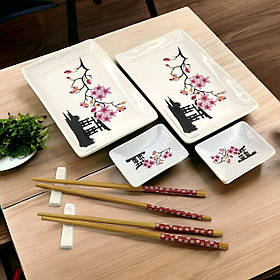 Керамічний набір для суші з кераміки на 2 особи 8 предметів у подарунковій упаковці 28х28,3х3,5 см Сакура