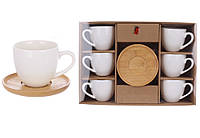 Кофейный набор: 6 фарфоровых чашек 100мл с бамбуковыми костерами на бамбуковой подставке