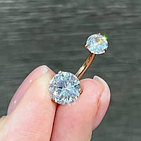 Оригінальний пірсинг пупка навела "Два чисті діаманти" медзолото 18К Хірургічна сталь з цирконами