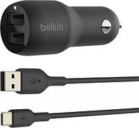 Зарядное устройство BELKIN Car Charger 24W Dual 2*USB-A + cable USB-C 1m, black (CCE001BT1MBK)