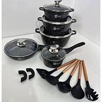 Набір посуду гранітний + набір начиння 17 предметів HIGHER+KITCHEN HK-305 Чорний Techno