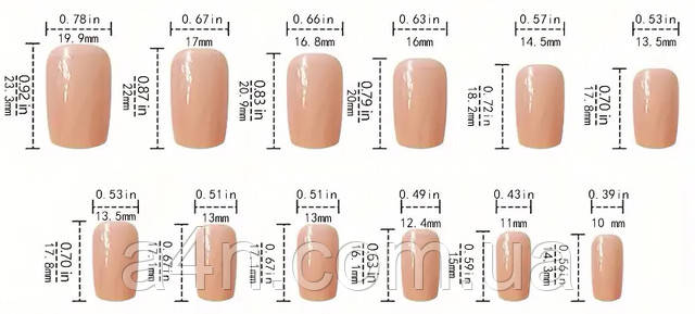 Накладные ногти - Интернет-магазин A4N Размеры накладных ногтей
