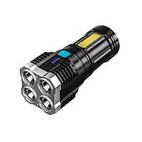 Потужний акумуляторний ліхтар X509/S03-4LED+COB з/п USB-micro, Чорний, ABS пластик