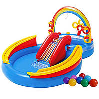 Детский надувной игровой центр бассейн INTEX 57453 «Радуга» 297х193х135 см с кольцами фонтаном горкой