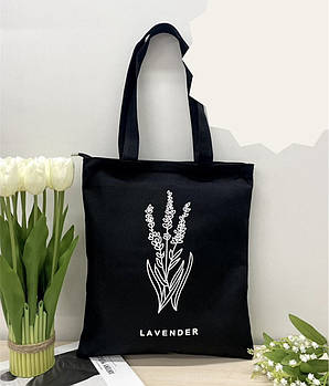 Сумка шопер жіноча тканинна на блискавці з кишенею 38*33 см принт Лаванда Nina