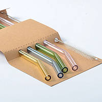 Набір термостійких багаторазових скляних кольорових трубочок з щіткою 5шт