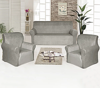 Чехлы велюровые на 2 кресла и диван Серый, покрывала для мебели съемные, чехлы на мебли AURA