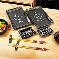 Набор для подачи суши, роллов, сашими на 2 персоны из керамики на 8 предметов Сакура на черном фоне