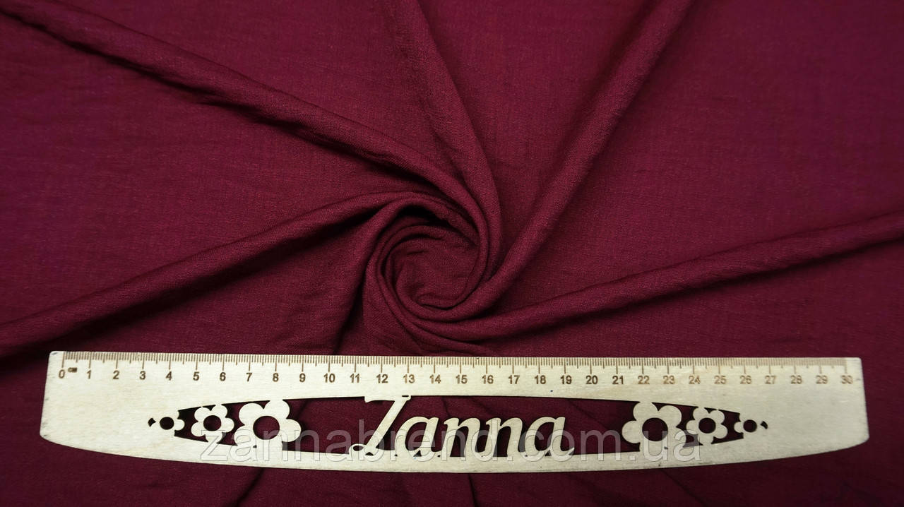 Тканина штучний льон з ефектом легкої жатки колір бордовий