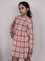 Платье для девочки BIGU трикотажное с длинным рукавом Персиковое в клеточку