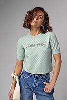 Ажурная футболка с надписью MIU MIU - мятный цвет