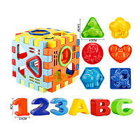 Куб логічний 1629 A (108/2) сортер, 6 граней, англійські букви, цифри, геометричні фігури, в сітці