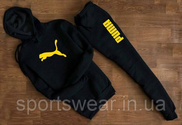Чоловічий чорний спортивний костюм PUMA з капюшоном ( жовтий принт ) "" В стилі Puma ""