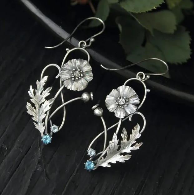 Сріблясті сережки жіночі у формі квітки синій камінь довгі сережки квіти гачки з візерунками стиль Бохо Anaria