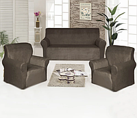 Чехлы велюровые на 2 кресла и диван Какао, покрывала для мебели съемные, чехлы на мебли SPARK