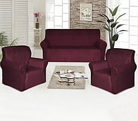 Чехлы велюровые на 2 кресла и диван Бордо, покрывала для мебели съемные, чехлы на мебли SPARK