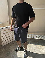 Комплект мужской летний Шорты с рваными графитовыми швами + Футболка оверсайз черная | ТОП костюм на лето